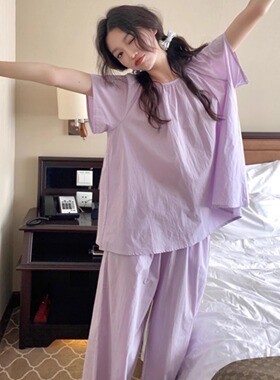 家居服套装睡衣女宽松舒适紫色夏季短袖长裤甜美休闲ins风可外穿