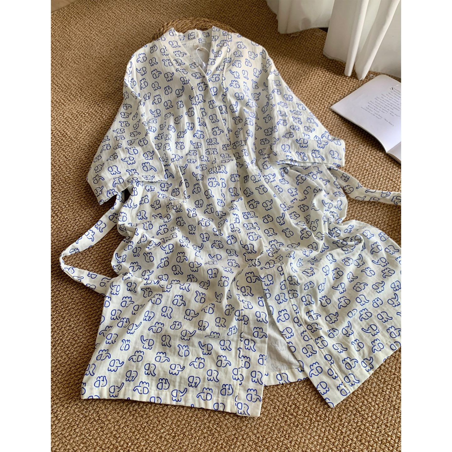 韩系蓝小象可爱睡袍浴袍女夏宽松慵懒风和服长袖春秋中长款家居服