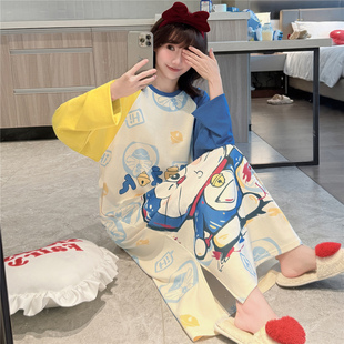 睡衣睡裙女春秋季长袖可爱叮当猫薄款甜美连衣裙中长款大码家居服