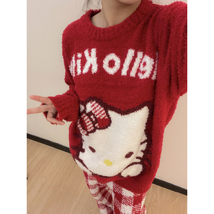 2025新款秋冬季半边绒睡衣女kitty猫咪新婚红色法兰绒家居服套装