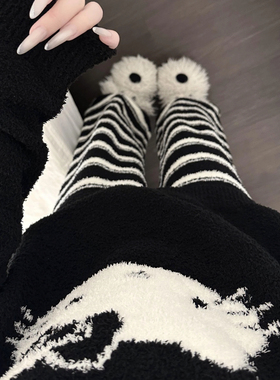 黑色kitty 半边绒睡衣女2025秋冬新款套装软绵绵珊瑚绒加厚家居服