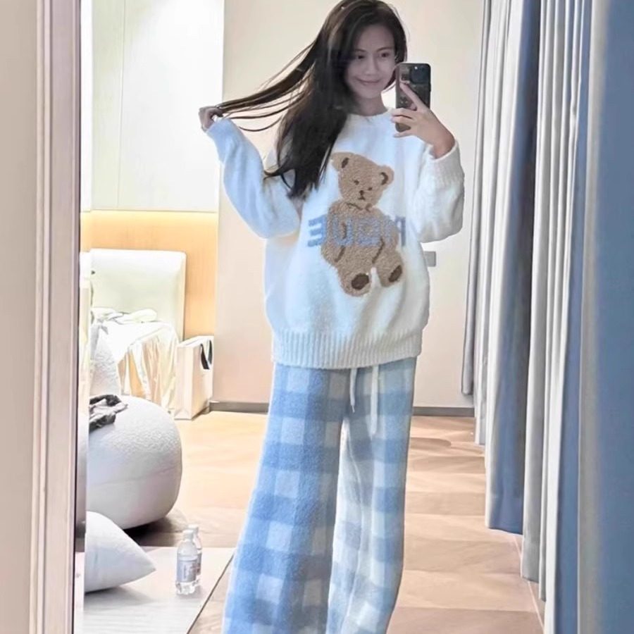 可爱卡通半边绒小熊睡衣女秋冬季