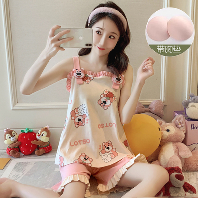 睡衣女款夏季纯棉可爱学生带胸垫