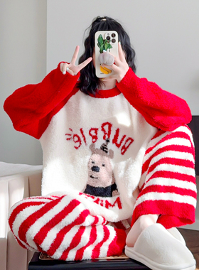软绵半边绒睡衣女冬季INS网红风珊瑚绒家居服加厚加绒可外穿套装