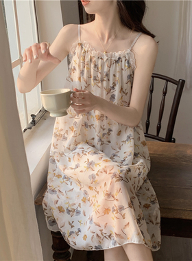 韩版吊带睡裙女夏季冰丝绸甜美公主风网纱大码薄款可爱睡衣家居服