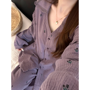 法式紫色韵味睡衣女春秋季2025新款复古郁金香纯棉长袖家居服套装