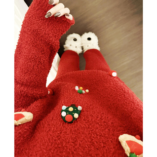 冬季2025新款ins甜美可爱半边绒红色睡衣女加厚珊瑚绒家居服套装