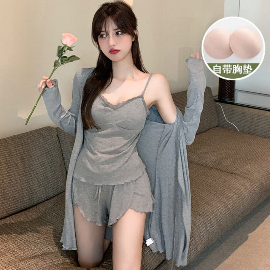 带胸垫睡衣女春秋季长袖短裤睡袍三件套高级感吊带夏季性感家居服
