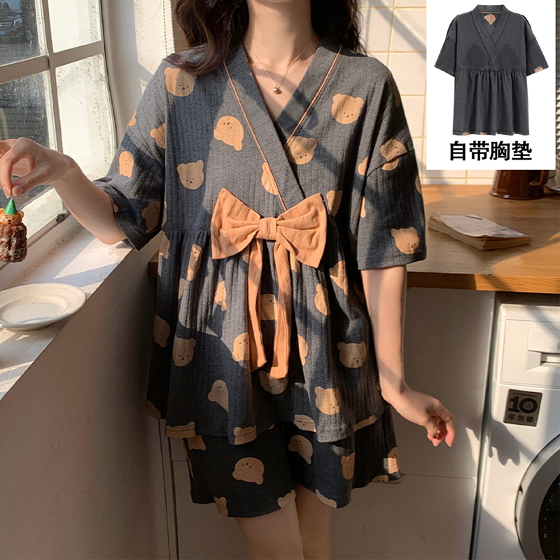 睡衣女夏季带胸垫纯棉短袖图片