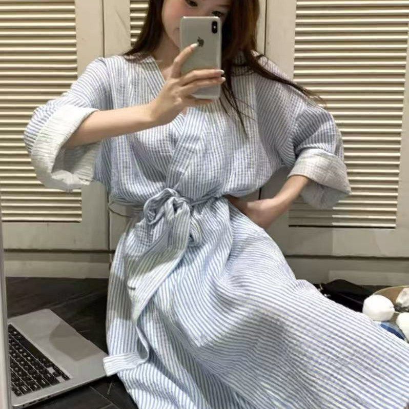 蓝条纹睡衣女长袖和服2026新款春季睡袍可爱性感薄款浴衣睡裙夏天,女士内衣/男士内衣/家居服,睡袍/浴袍,淘宝优惠券,粉丝福利购,淘宝优惠卷