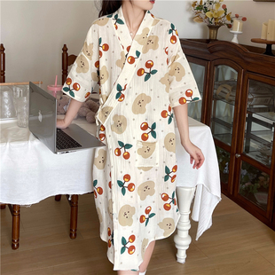 夏季 纯棉短袖 浴衣睡袍可外穿 女士睡衣卡通可爱日系和服宽松中长款