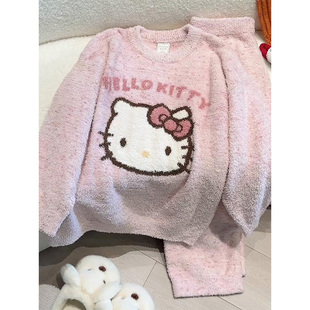 半边绒凯蒂猫hellokitty睡衣女冬季加厚可爱甜美珊瑚绒家居服套装