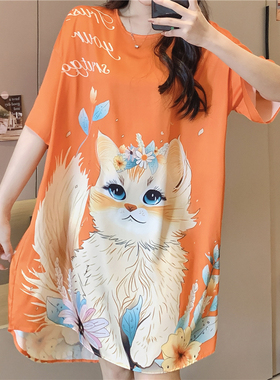 睡衣女夏季短袖冰丝绸大花猫可爱薄款睡裙性感大码胖mm韩版家居服