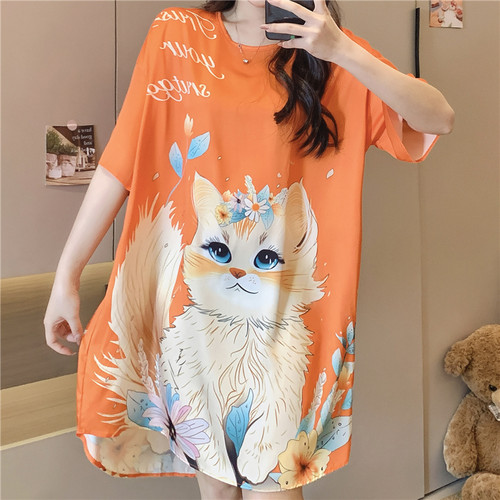 睡衣女夏季短袖冰丝绸大花猫可爱薄款睡裙性感大码胖mm韩版家居服