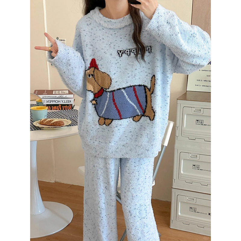 日系可爱卡通狗睡衣女秋冬季加绒加厚摇粒绒2025新款法兰绒家居服