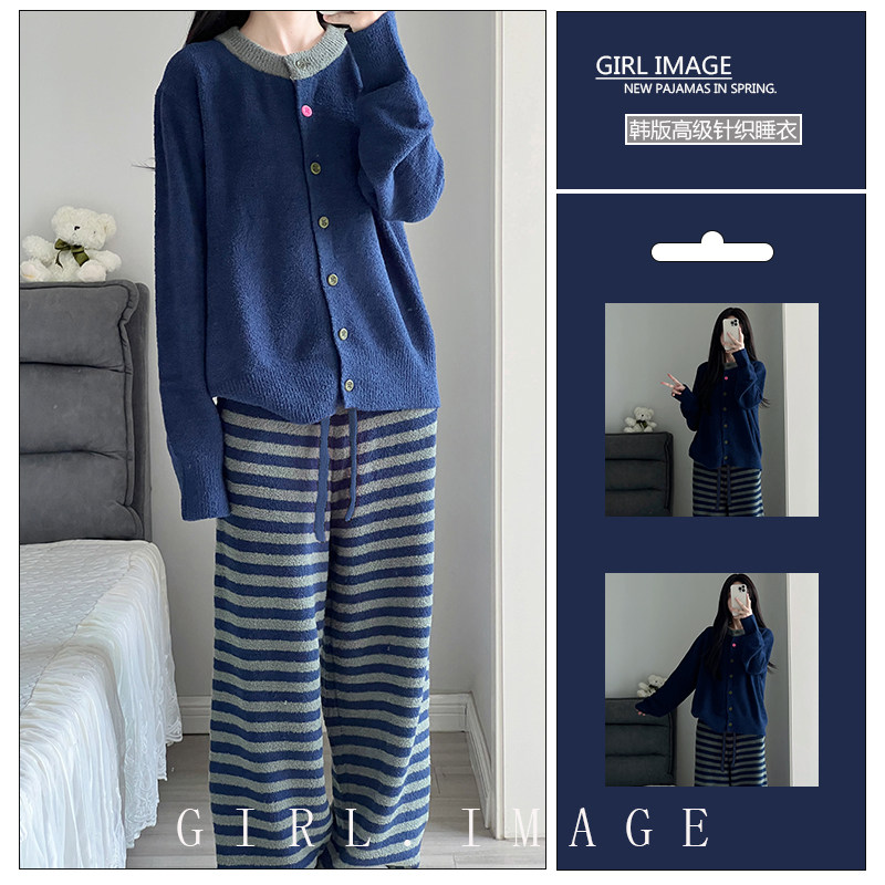 韩版条纹法兰绒睡衣女秋冬新款加绒加厚珊瑚绒针织开衫家居服套装