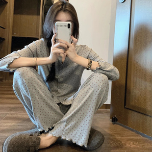 韩系灰色碎花睡衣女春秋季2025新款甜美长袖冰丝罗纹家居服两件套