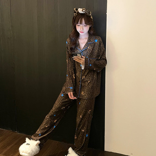 豹纹卡通kitty猫德绒睡衣女春秋冬季天加厚长袖休闲高级感家居服