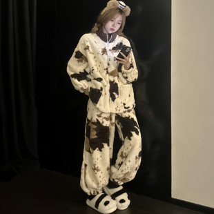 拉链冬天法兰绒加绒家居服 加厚潘多拉套装 睡衣女秋冬季 珊瑚绒长袖