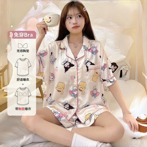 真丝带胸垫夏季短袖短裤睡衣女