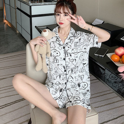 睡衣女夏季薄款纯棉可爱2025新款开衫短袖学生大码两件套装家居服