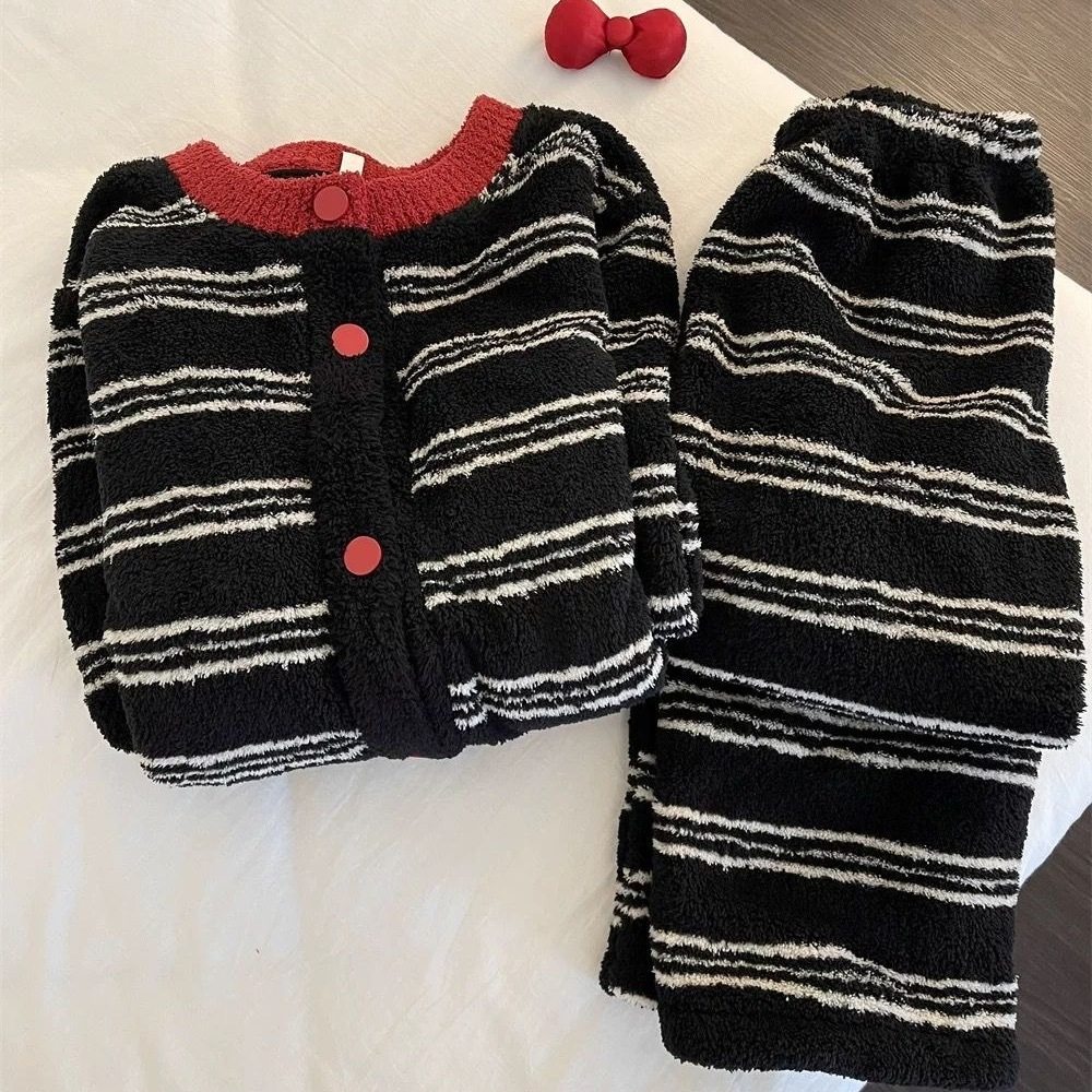 黑色条纹网红ins风半边绒睡衣女款秋冬季甜美加厚保暖家居服套装