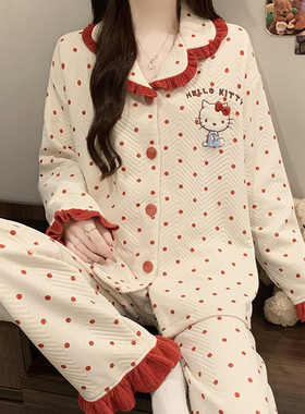HelloKitty新款睡衣女秋冬空气棉套装纯棉长袖夹层加厚保暖家居服