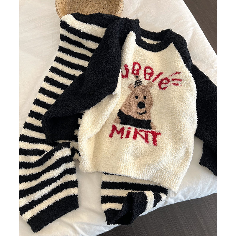 冬天软糯半边绒条纹小熊睡衣女加厚保暖秋冬季新款奶白撞色家居服