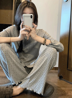 睡衣女春秋季韩版清新少女灰色碎花罗纹棉长袖薄款秋冬家居服套装