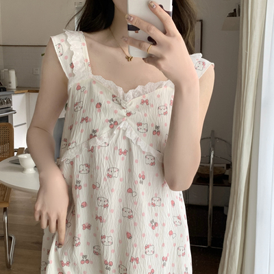 睡裙女夏季吊带日系纯棉甜美KT猫加大码胖MM花边带胸垫睡衣家居服