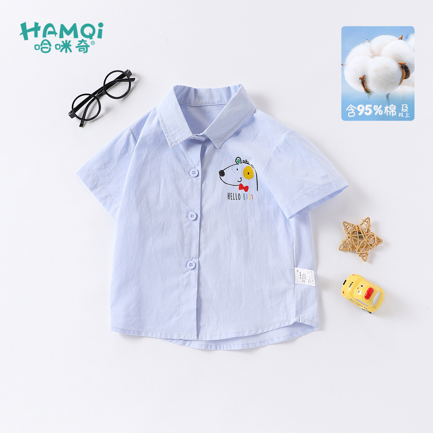 男童短袖衬衫夏季新款小儿童学院风纯棉卡通衬衣宝宝翻领薄款上衣