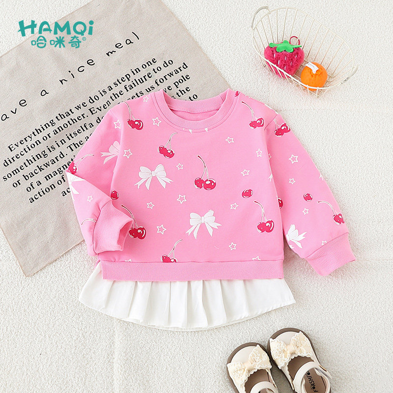 女童卫衣童装甜美裙式上衣小儿童春秋新款宝宝假两件长袖拼接衣服