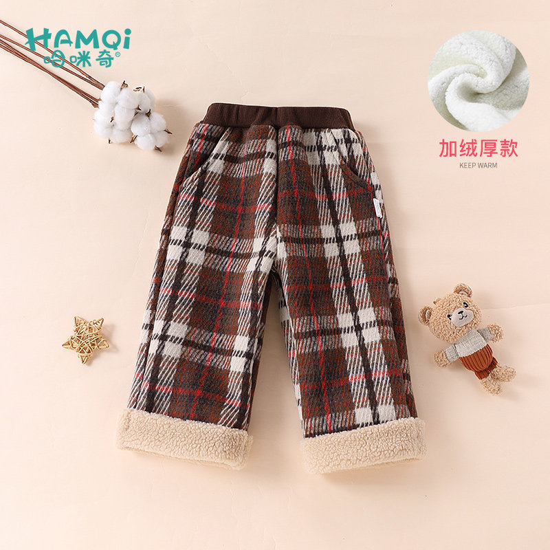女童加绒裤子秋冬季新款儿童婴儿复古格子阔腿裤宝宝小童加厚长裤
