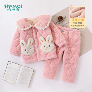 女童三层夹棉家居服套装冬装加厚小儿童宝宝两件套可外穿衣服睡衣