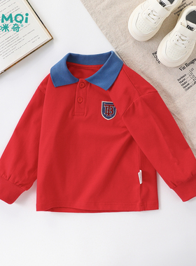 男童POLO衫春秋装小儿童帅气翻领长袖打底衫红色上衣宝宝T恤童装