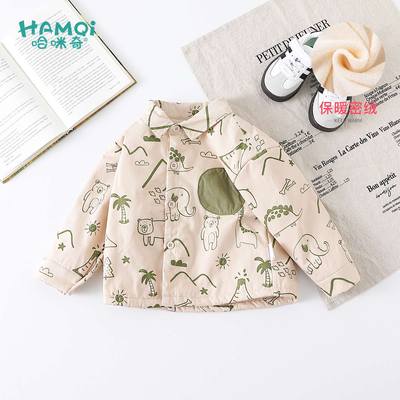 男童加绒衬衫秋冬装小儿童休闲卡通印花外套长袖衬衣宝宝外穿上衣