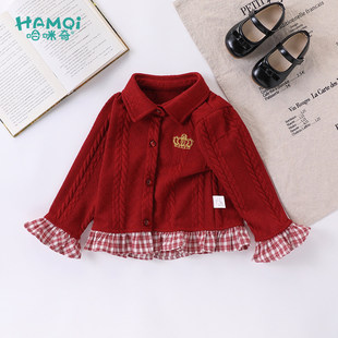 女童外套秋冬装儿童红色针织衫拼接上衣女孩新年新款小童宝宝童装