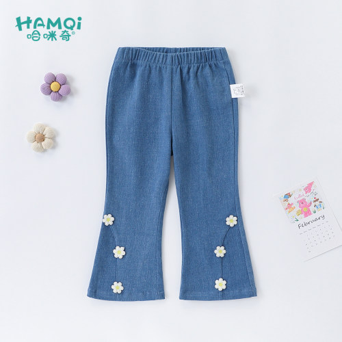 女童微喇叭牛仔裤春秋装宝宝新款洋气长裤休闲裤小儿童裤子立体花