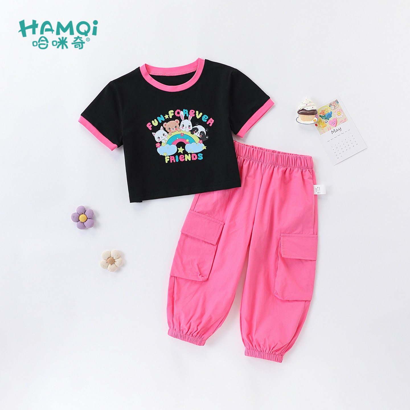 女童短袖套装夏季小儿童新款休闲两件套宝宝上衣配工装裤女孩衣服