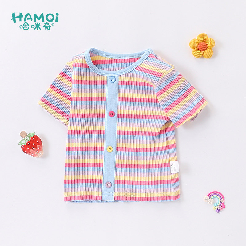 女童短袖T恤夏季新款童装儿童洋气条纹打底衫上衣宝宝小童半袖潮