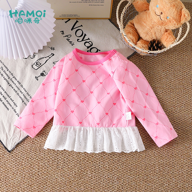 女童长袖T恤春秋季小儿童新款拼接裙摆打底衫宝宝爱心上衣童装秋