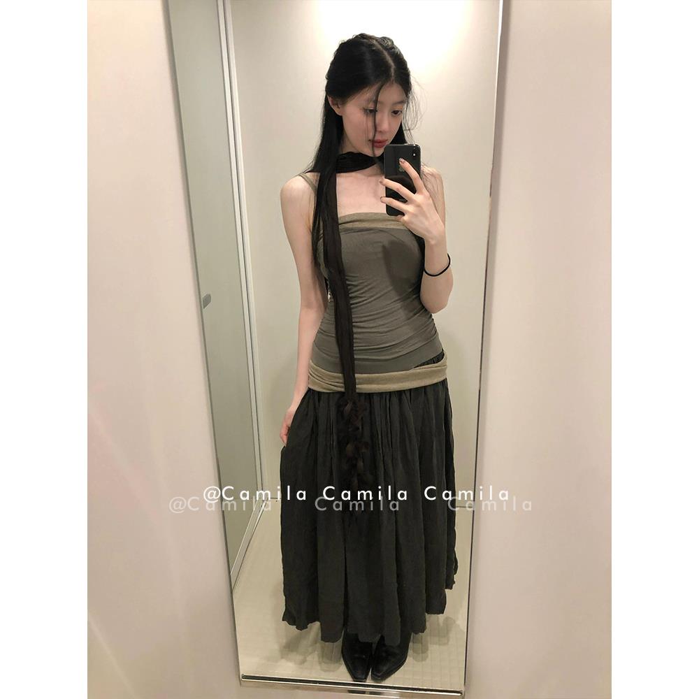 小众设计拼接抽褶辣妹抹胸连衣裙女2024夏季a字大摆长款百褶裙子