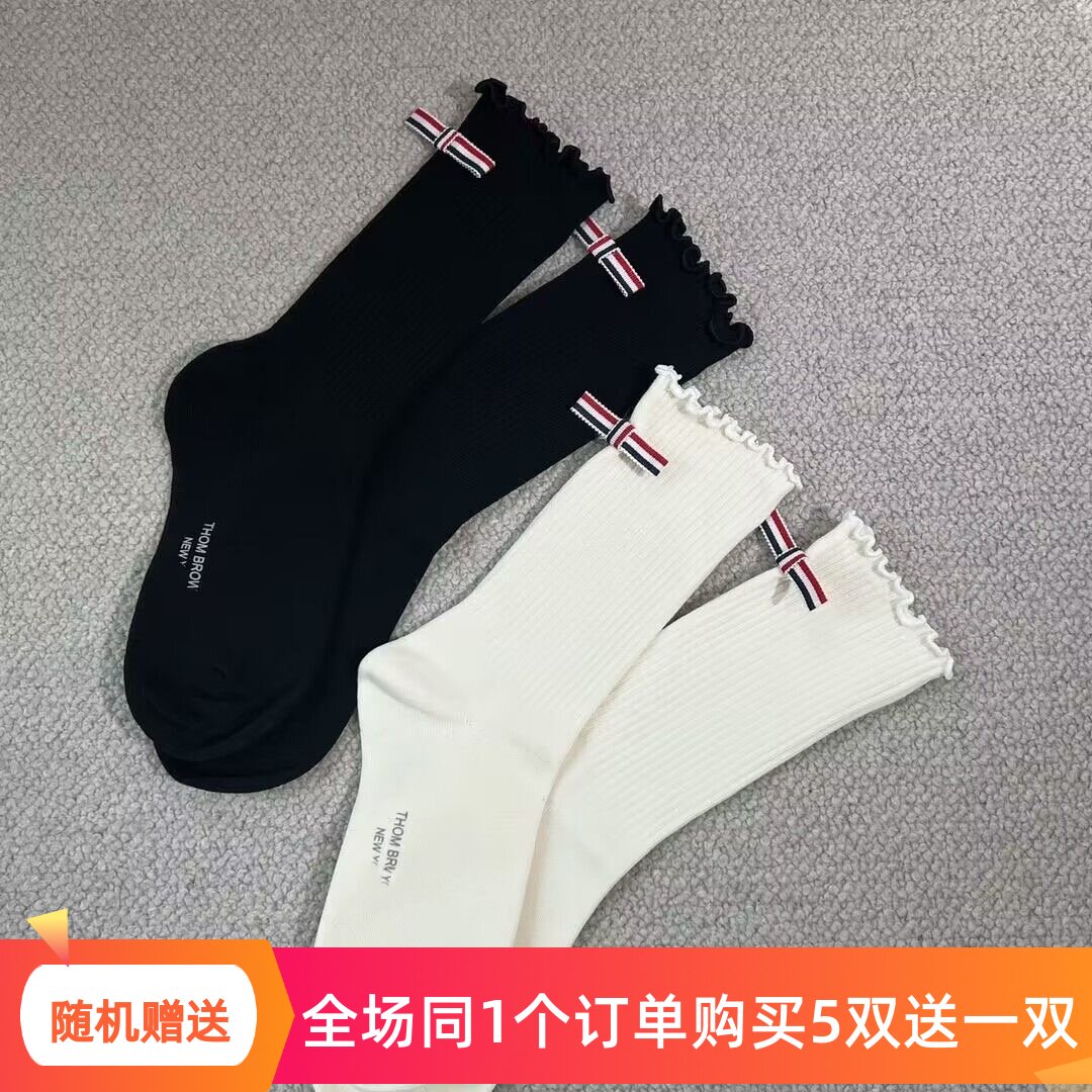 TB风早秋花边后侧蝴蝶结织带黑白中筒袜女学院风INS网红欧货潮袜