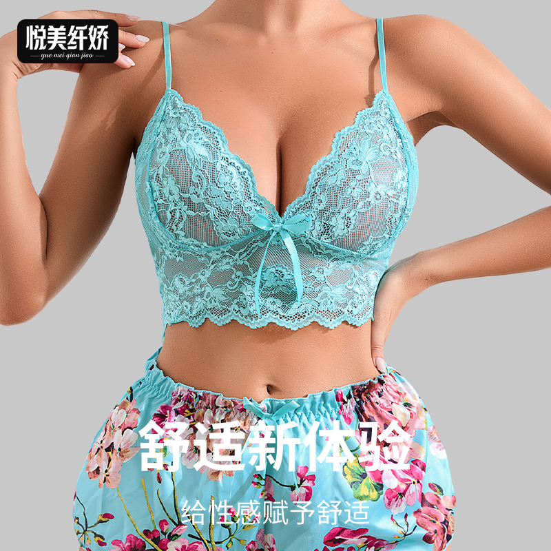 YQMJ性感蕾丝内衣女士薄款舒适透明无胸垫新款睡衣文胸套装胸罩