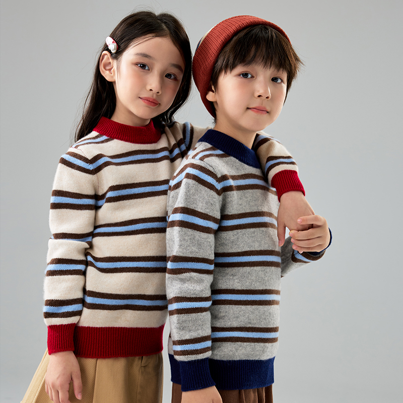 儿童羊毛衫全身条纹半高领男童女童秋冬新款撞色羊绒百搭打底毛衣