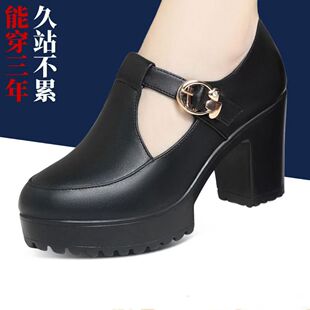 温州老北京真皮女鞋春鞋防水高跟单鞋复古丁字皮鞋女士粗跟工作鞋