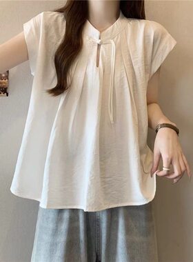 禅意衬衣新中式女装圆领夏季法式小众白色短袖衬衫宽松国风优雅