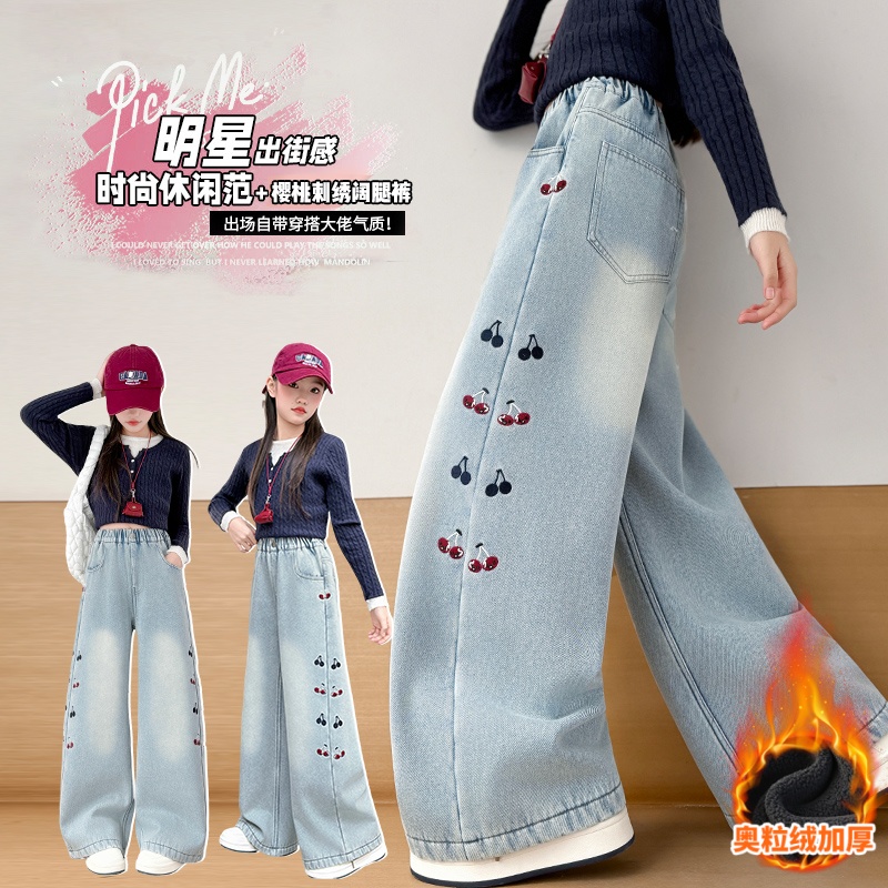 女童加绒牛仔裤秋冬款2025新款