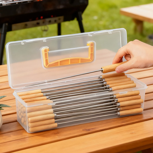 烧烤签子收纳盒不锈钢羊肉串铁签子收纳桶长方形烤肠竹签存放盒子