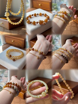 显白老红糖/和田玉手串糖料糖玉6mm单圈双圈细微麻天然圆珠叠戴